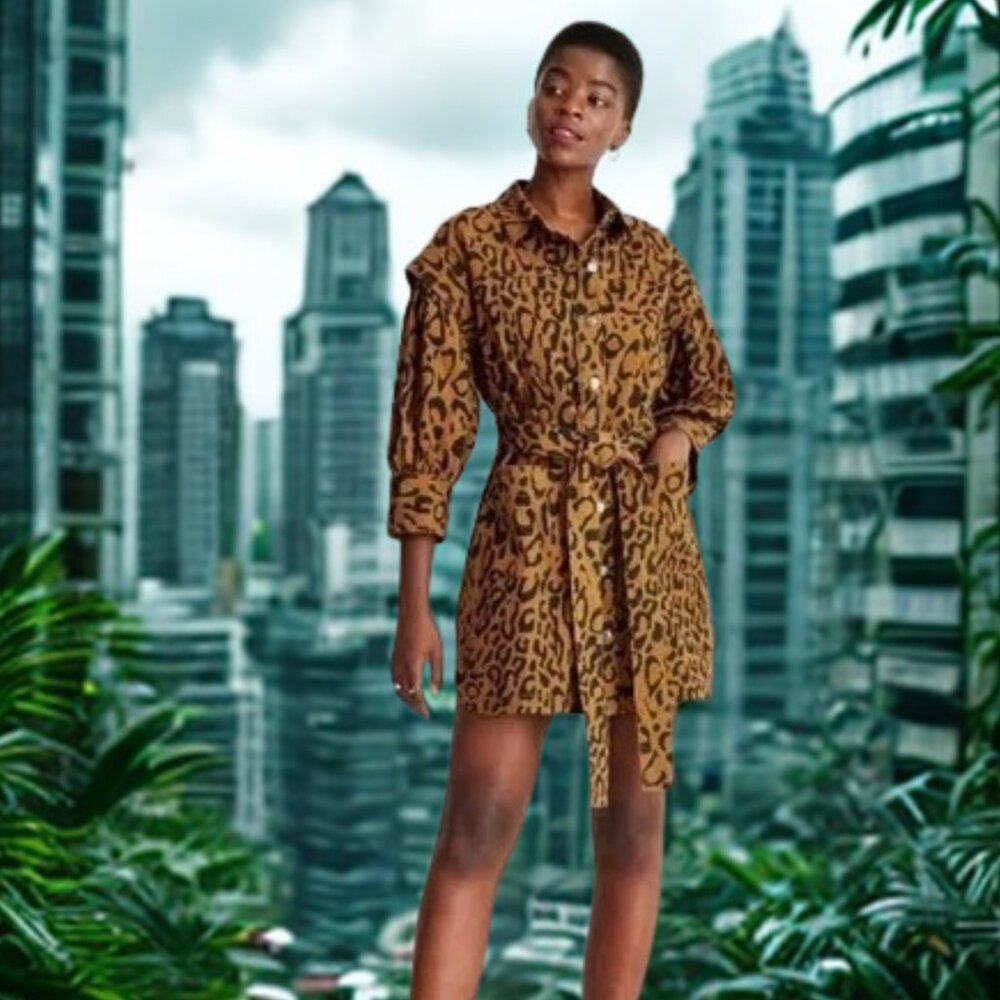 Future Collective x Kahlana Leopard Denim Shirt Dress | Size 14